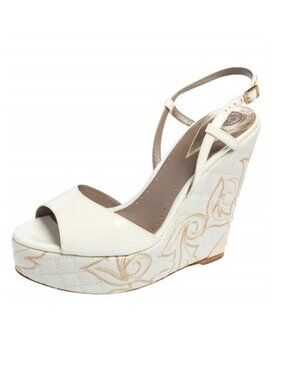 Versace White Patent Leather Quilted Wedge Platform Sandals Size 38.5